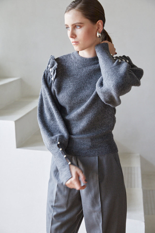 Pearl Crew neck Slash-sleeve sweater <br>  -GRY-