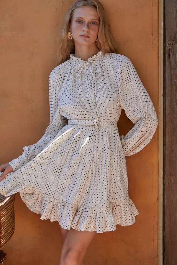 Marion Pleated Dress <br> -WHT Dot-