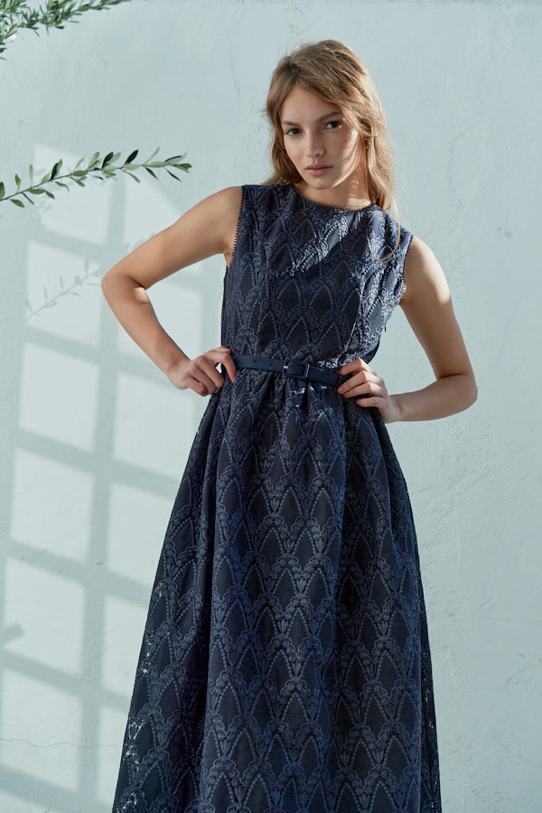 Claudia Lace Belted Dress <br> -NVY-