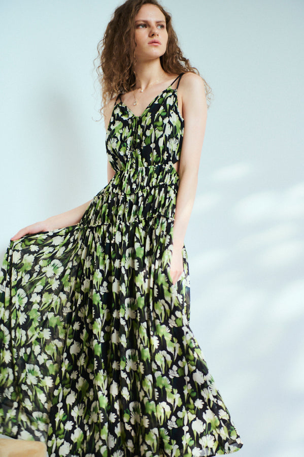 Alicia Long Dress <br>-BLK×grn.pt-