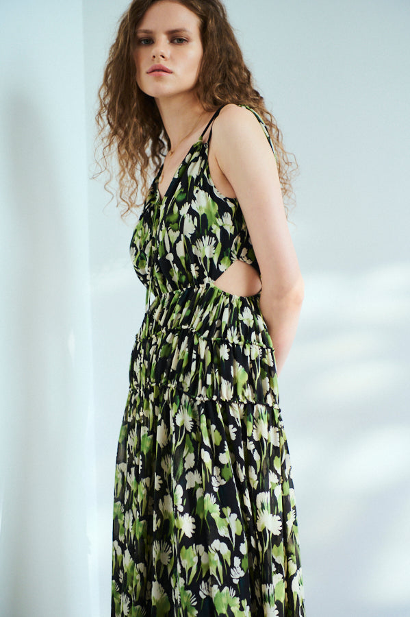 Alicia Long Dress <br>-BLK×grn.pt-