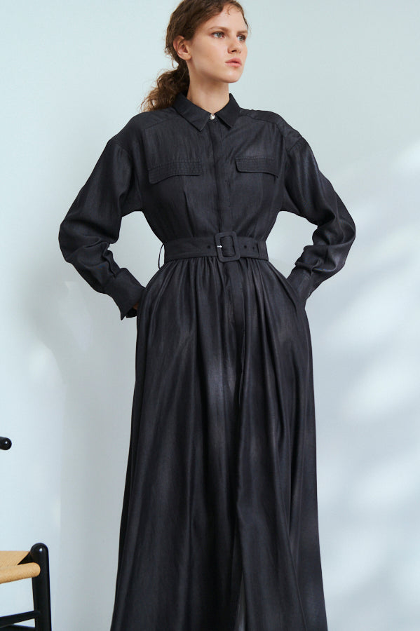 Rosaria Shirt Long Dress <br>-BLK-