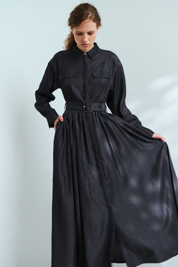 Rosaria Shirt Long Dress <br>-BLK-