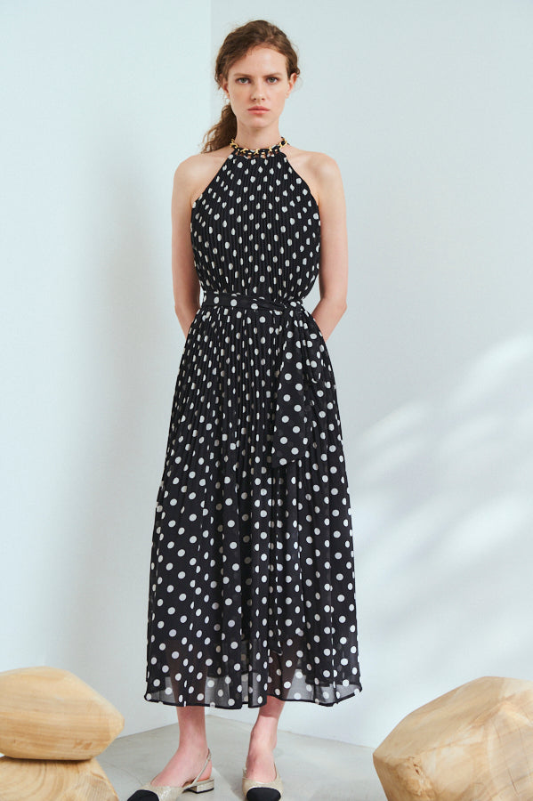 Agnes Pleated Long Dress <br>-BLK x o.wht dot pt.-