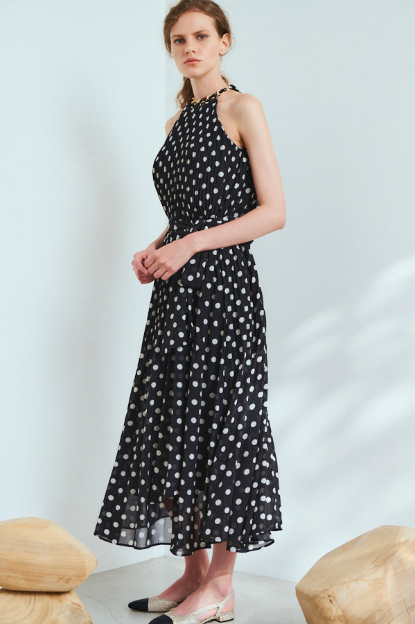 Agnes Pleated Long Dress <br>-BLK x o.wht dot pt.-