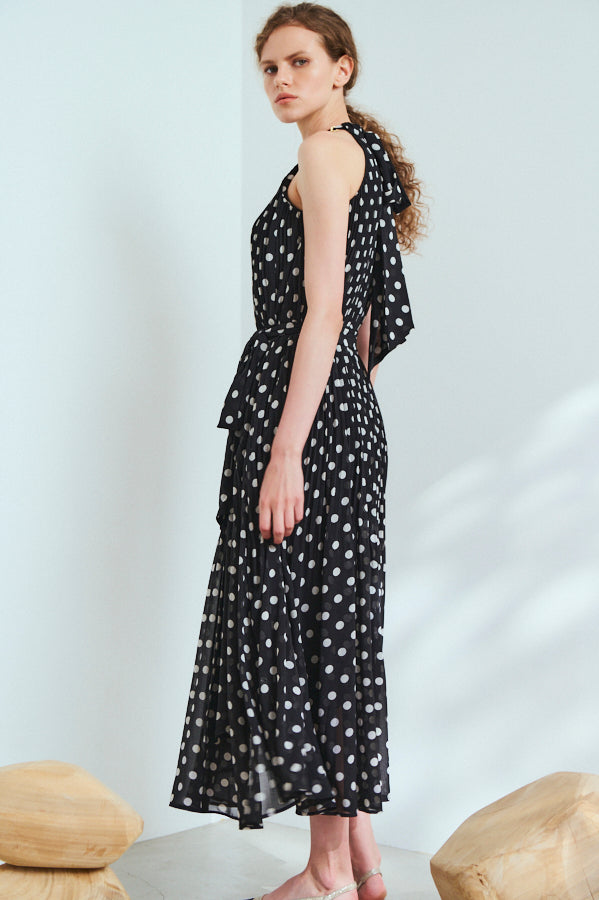 Agnes Pleated Long Dress <br>-BLK x o.wht dot pt.-