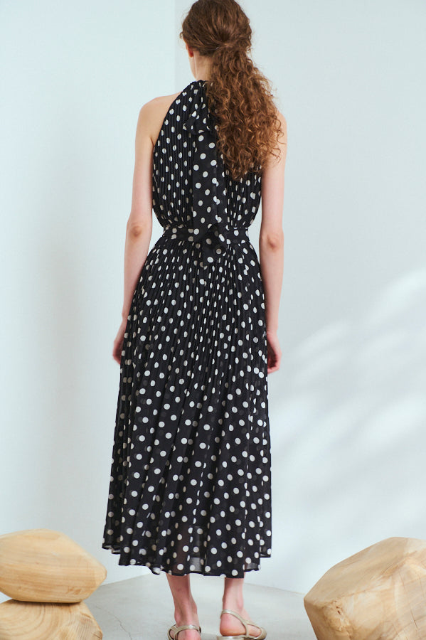 Agnes Pleated Long Dress <br>-BLK x o.wht dot pt.-