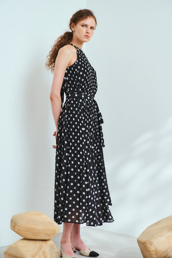 Agnes Pleated Long Dress <br>-BLK x o.wht dot pt.-