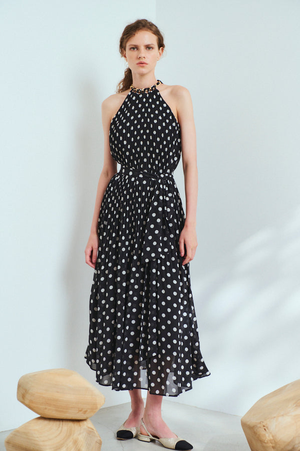 Agnes Pleated Long Dress <br>-BLK x o.wht dot pt.-