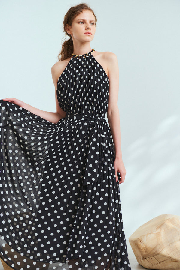 Agnes Pleated Long Dress <br>-BLK x o.wht dot pt.-