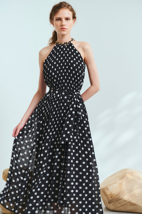 Agnes Pleated Long Dress <br>-BLK x o.wht dot pt.-