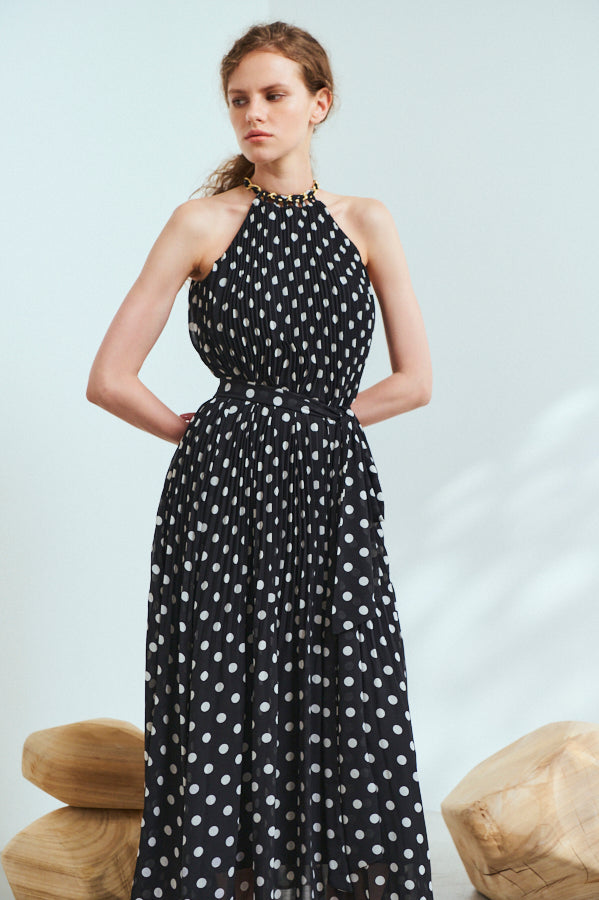 Agnes Pleated Long Dress <br>-BLK x o.wht dot pt.-