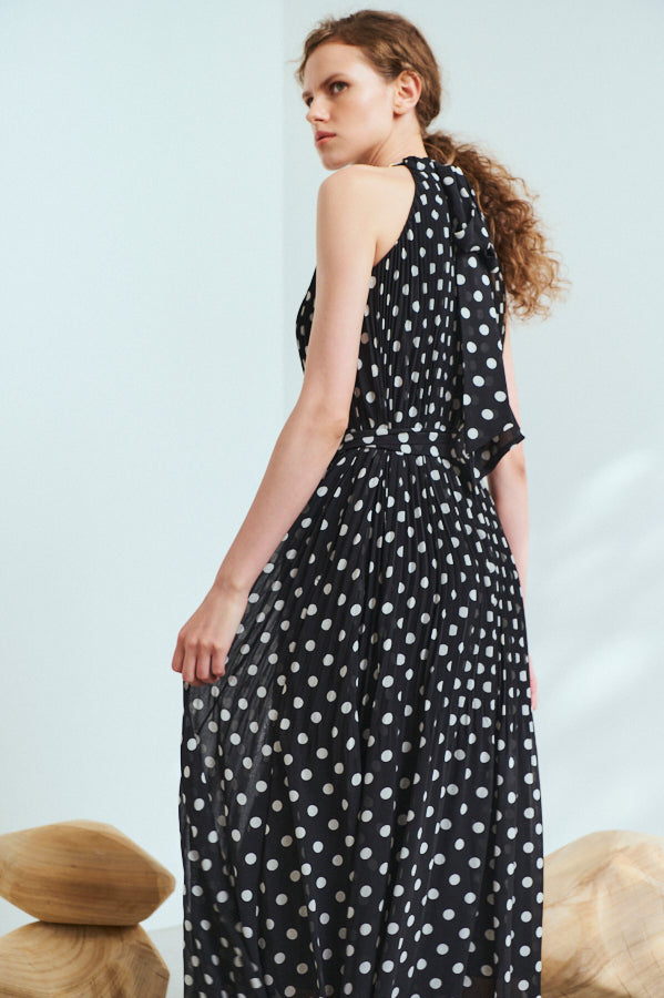 Agnes Pleated Long Dress <br>-BLK x o.wht dot pt.-