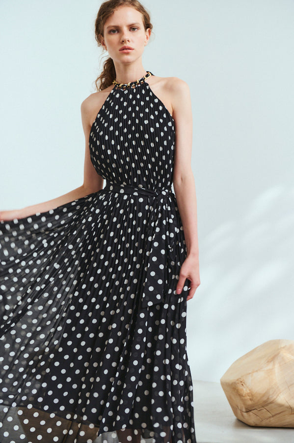 Agnes Pleated Long Dress <br>-BLK x o.wht dot pt.-