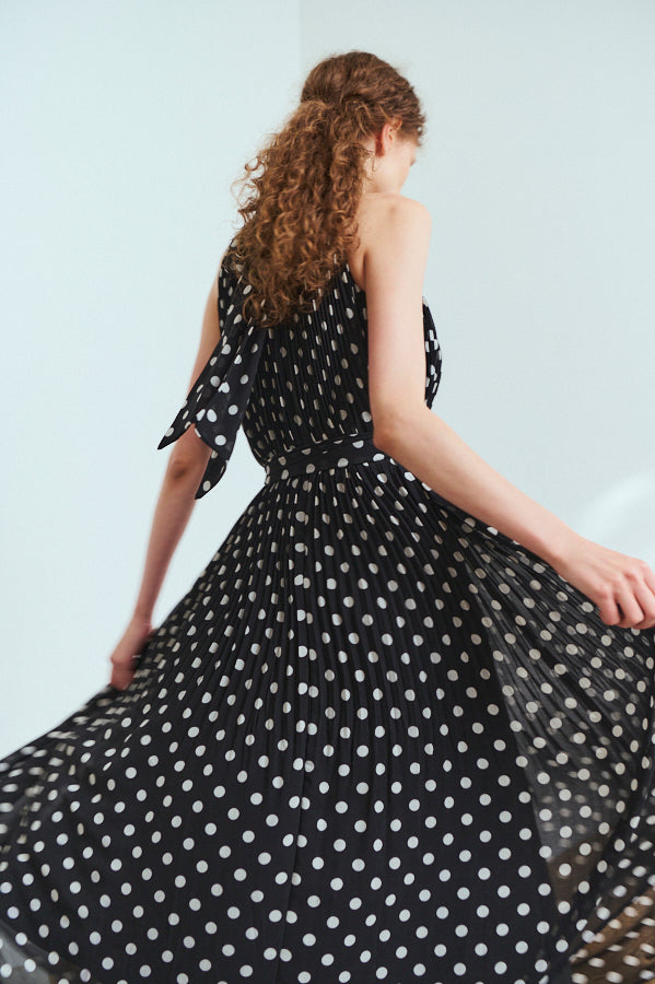 Agnes Pleated Long Dress <br>-BLK x o.wht dot pt.-