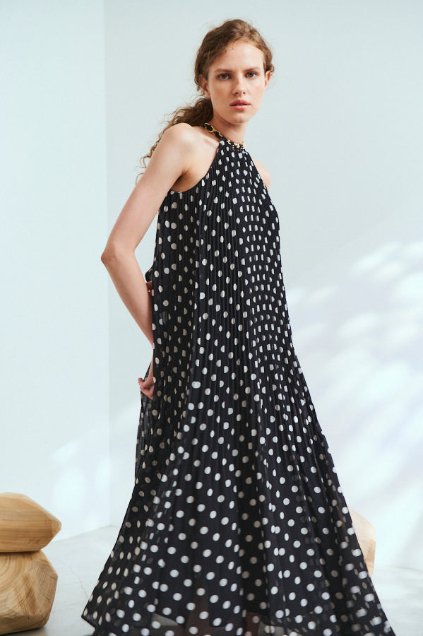 Agnes Pleated Long Dress <br>-BLK x o.wht dot pt.-