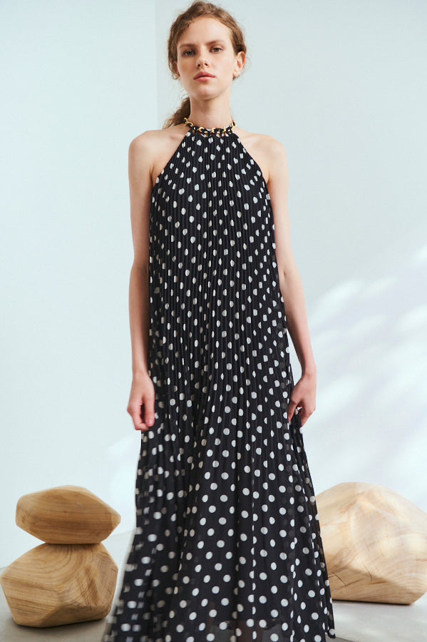 Agnes Pleated Long Dress <br>-BLK x o.wht dot pt.-