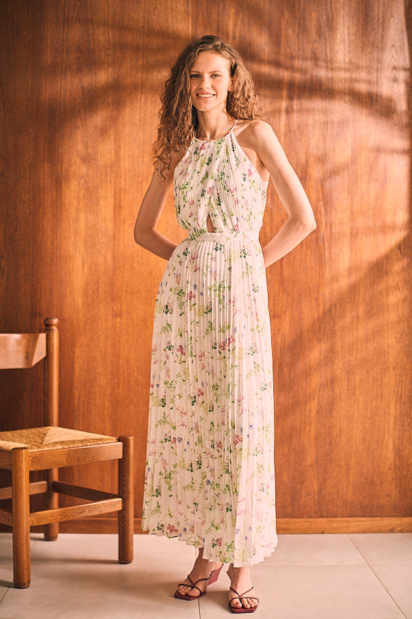 Jenna Pleated Long Dress   <br> -WHT.flower-