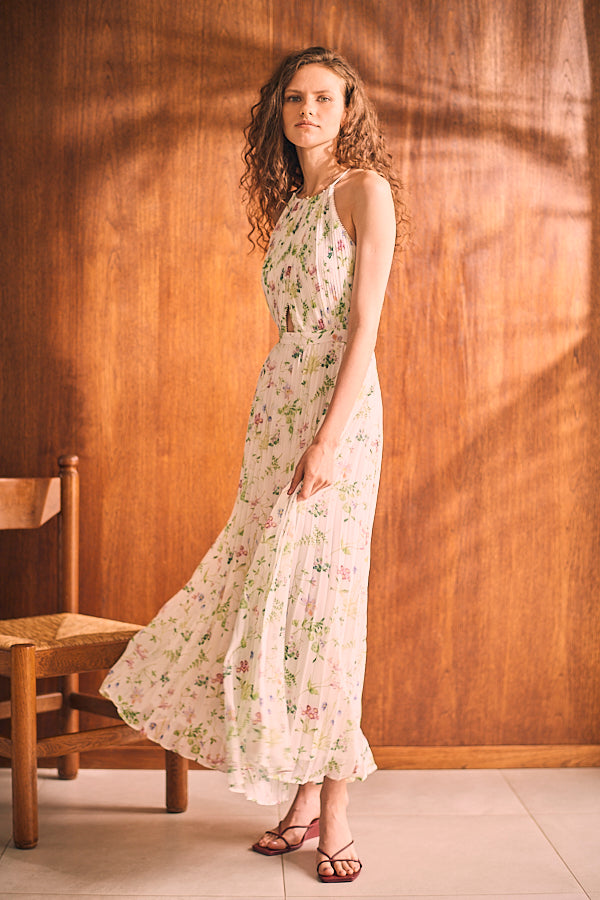 Jenna Pleated Long Dress   <br> -WHT.flower-