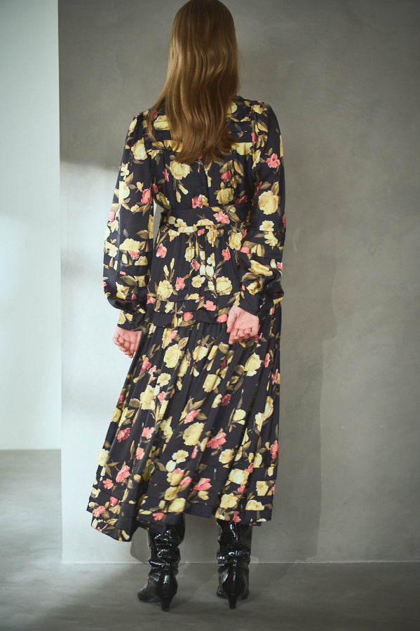 Paloma Belted Long Dress <br> -Flower.BK-