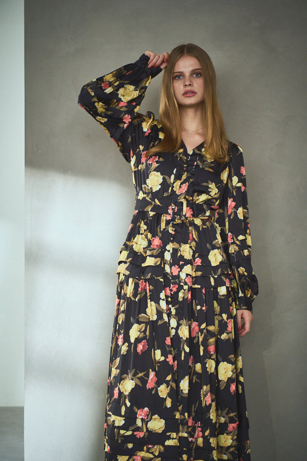 Paloma Belted Long Dress <br> -Flower.BK-