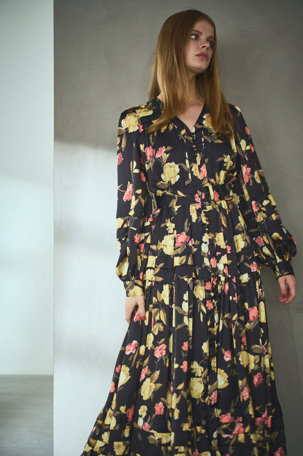 Paloma Belted Long Dress <br> -Flower.BK-