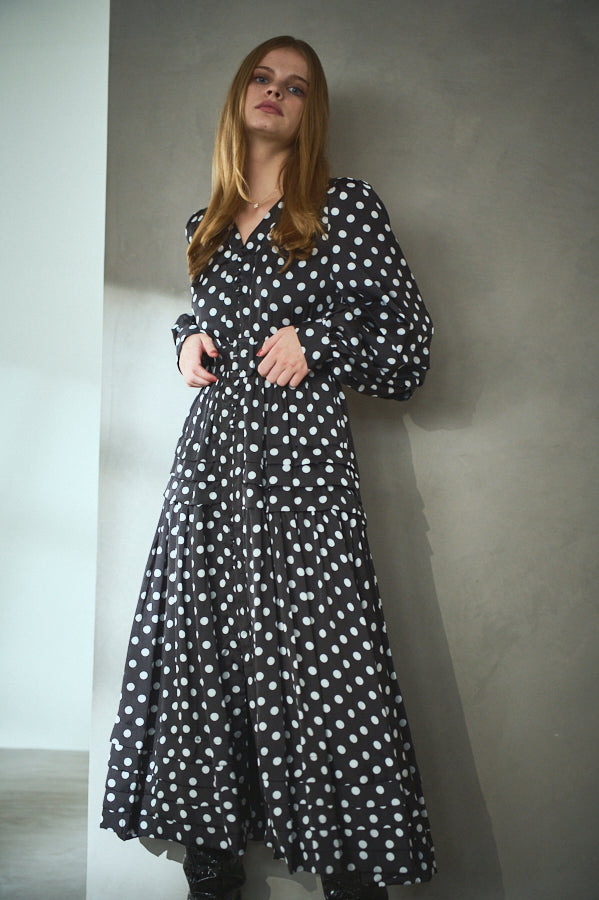 Paloma Belted Long Dress <br> -Dot.BLK-