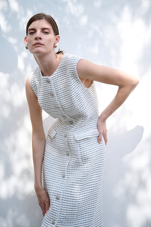 Alice Tweed Long Dress <br>- WHT-