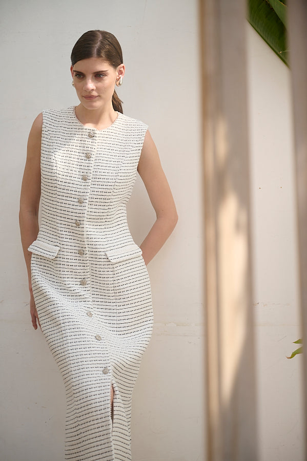 Alice Tweed Long Dress <br>- WHT-