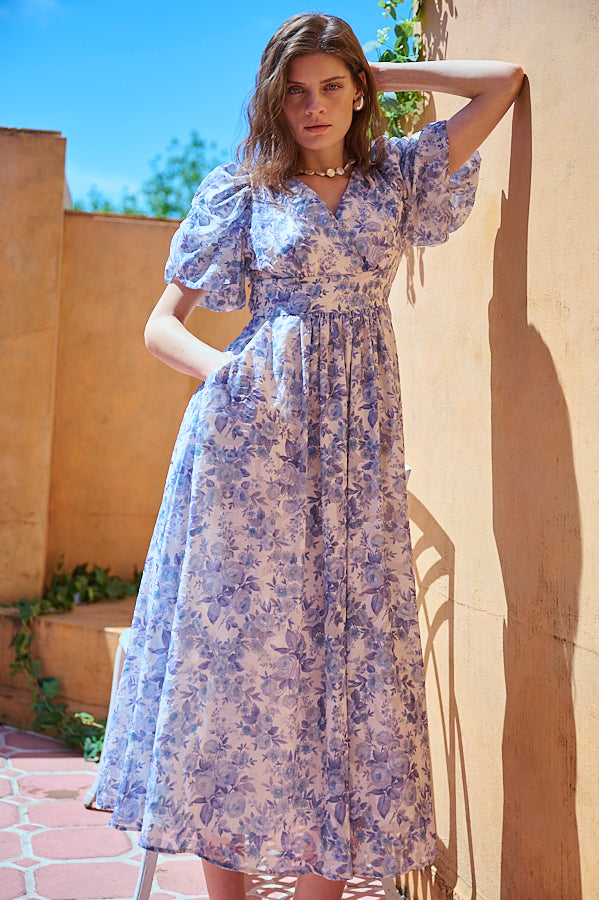 Harper Floral Dress <br>-BLUE.flower-