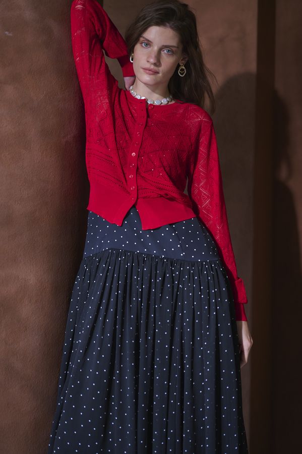 Coco Lace Knit Cardigan <br> -Red-