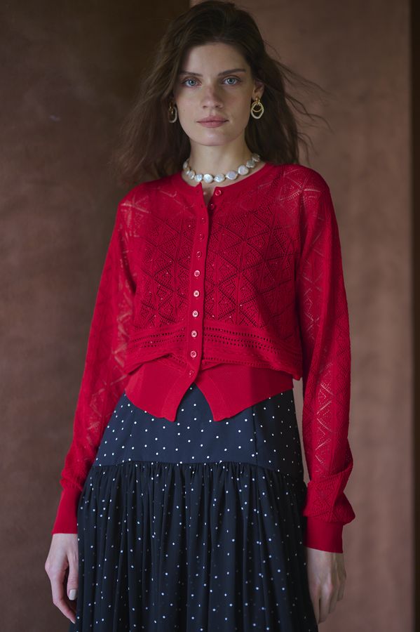 Coco Lace Knit Cardigan <br> -Red-