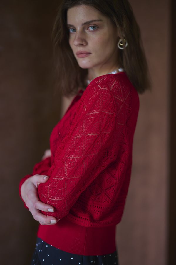 Coco Lace Knit Cardigan <br> -Red-