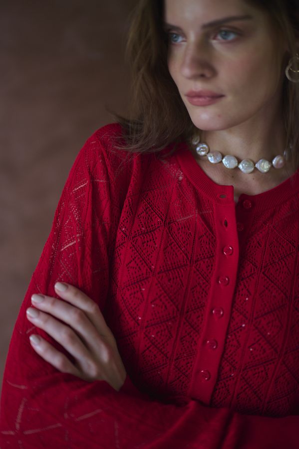 Coco Lace Knit Cardigan <br> -Red-