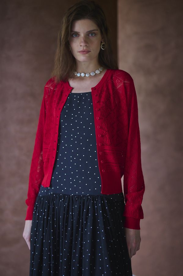 Coco Lace Knit Cardigan <br> -Red-