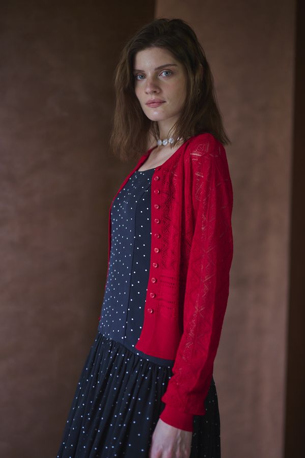 Coco Lace Knit Cardigan <br> -Red-