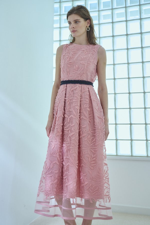 Florentina Lace Belted Dress <br> -Pink-