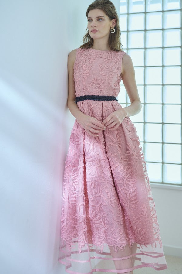 Florentina Lace Belted Dress <br> -Pink-