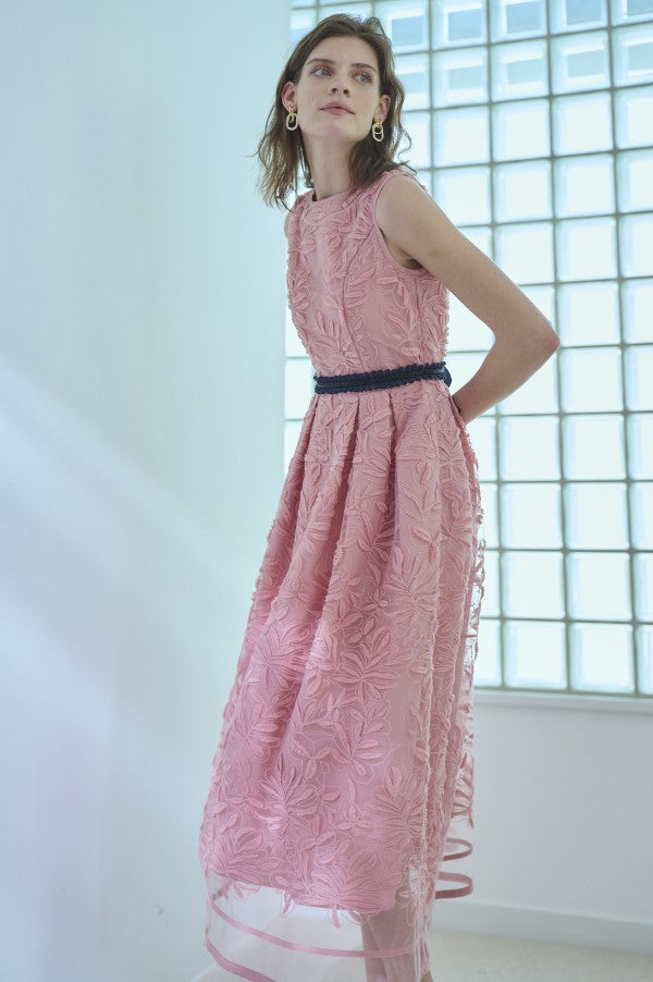 Florentina Lace Belted Dress <br> -Pink-