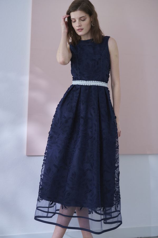 Florentina Lace Belted Dress <br> -Navy-