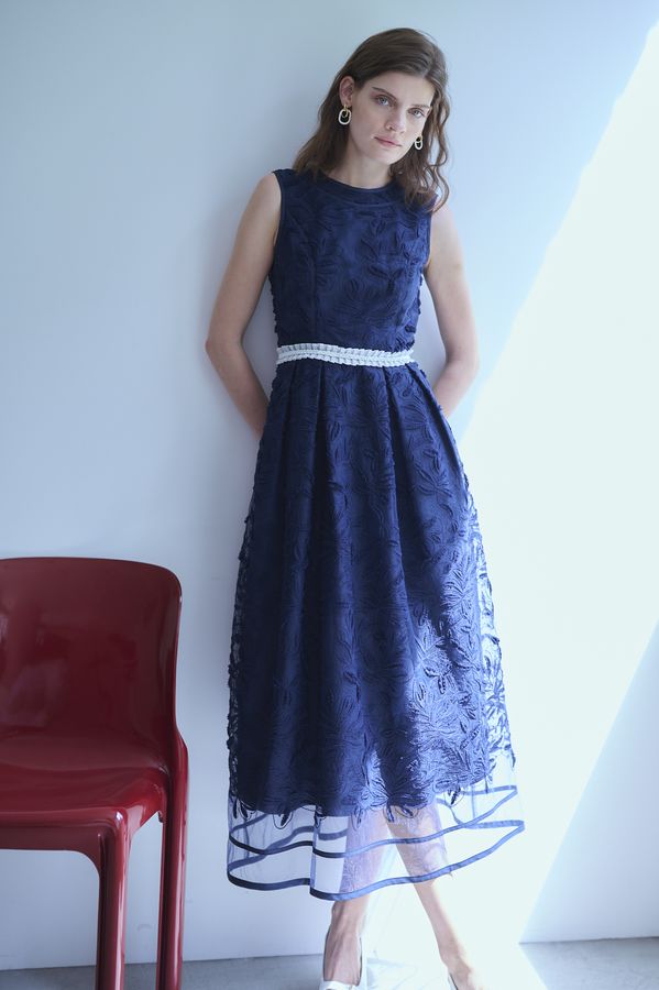 Florentina Lace Belted Dress <br> -Navy-