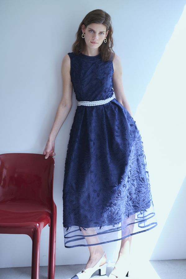 Florentina Lace Belted Dress <br> -Navy-