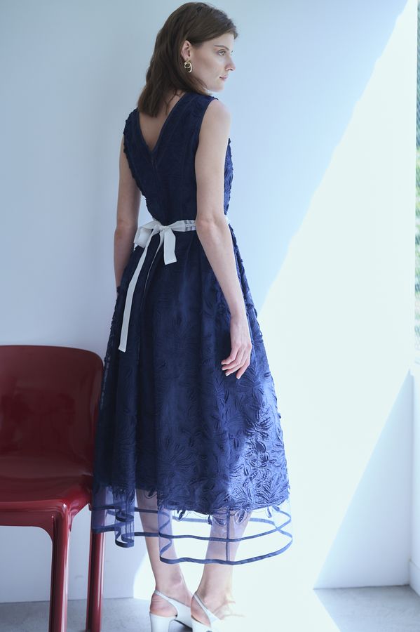 Florentina Lace Belted Dress <br> -Navy-
