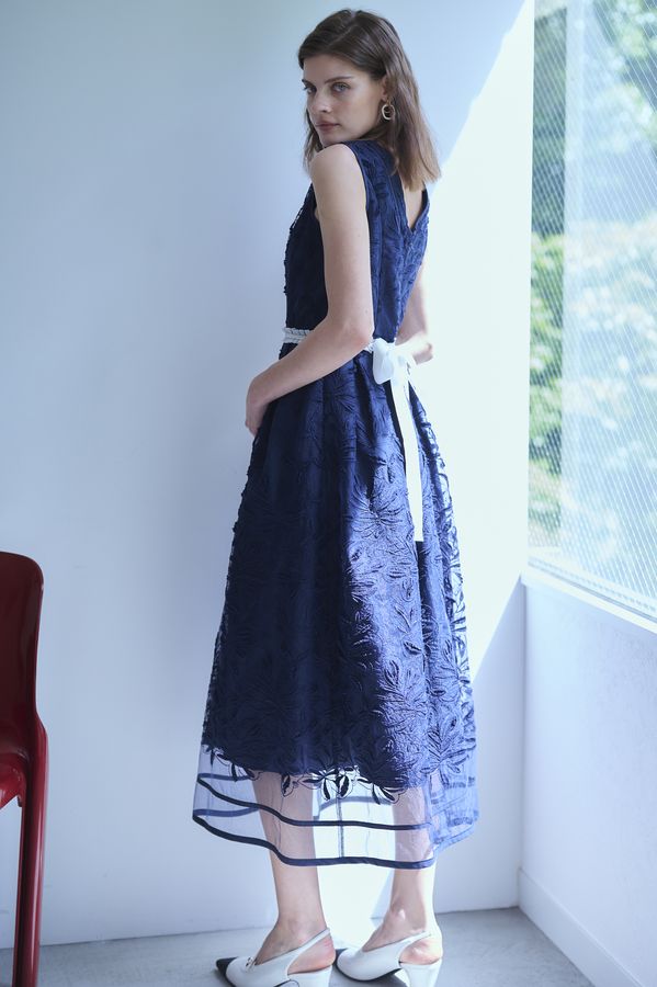 Florentina Lace Belted Dress <br> -Navy-