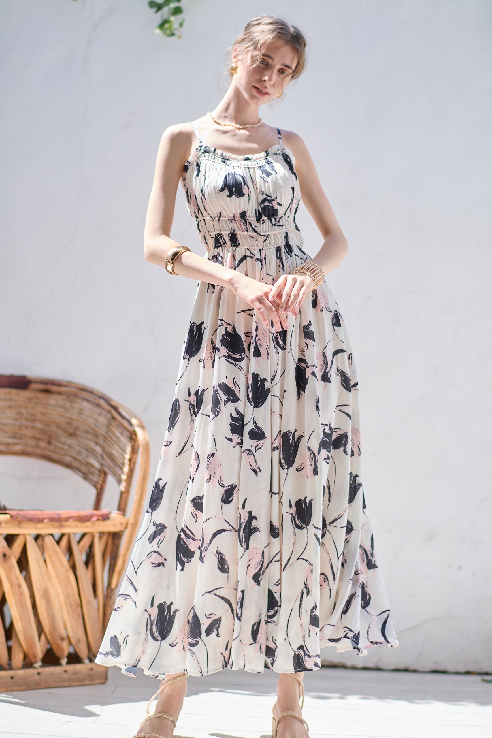Julia Satin print Long Dress<br> -Pink.print-
