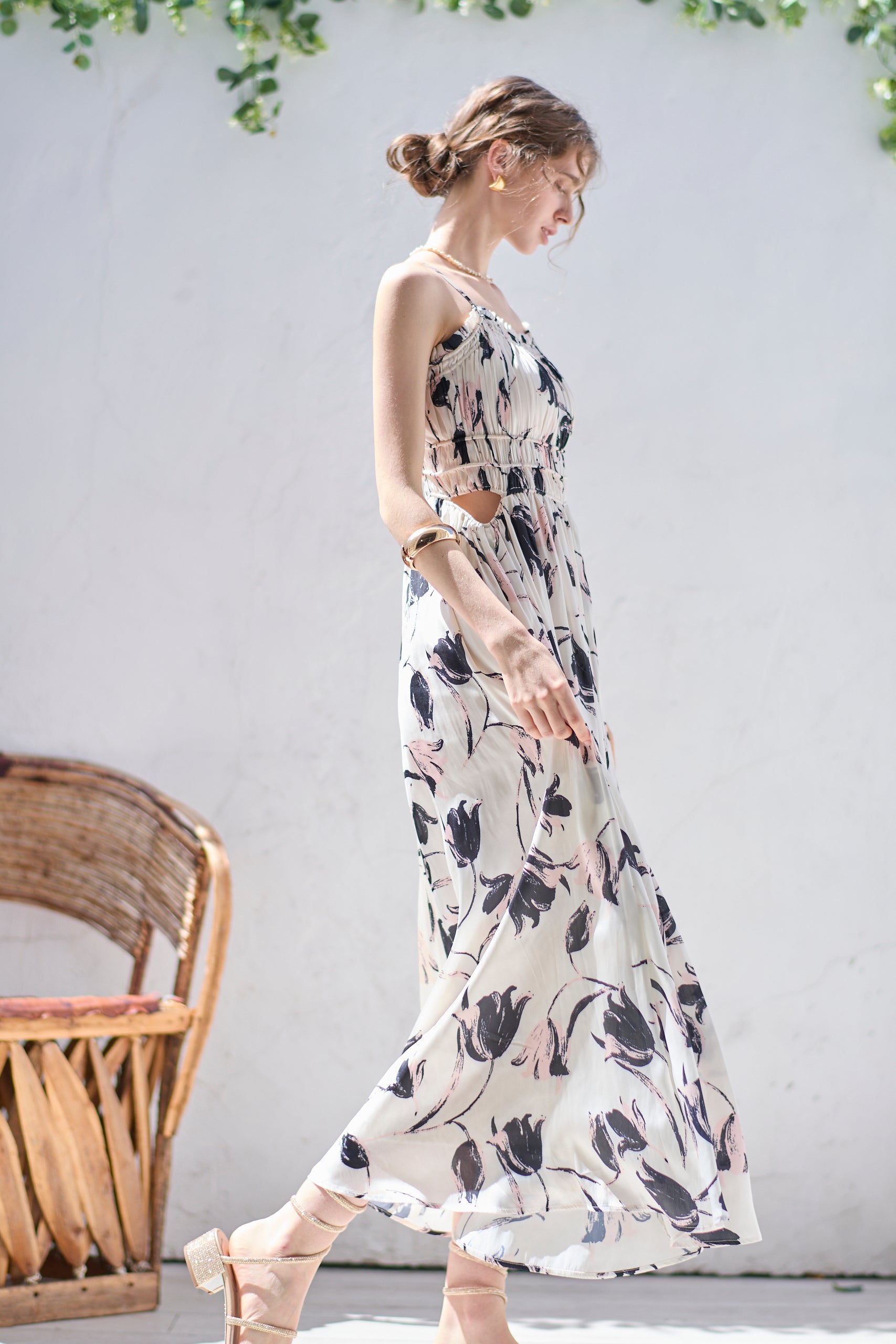 Julia Satin print Long Dress<br> -Pink.print-