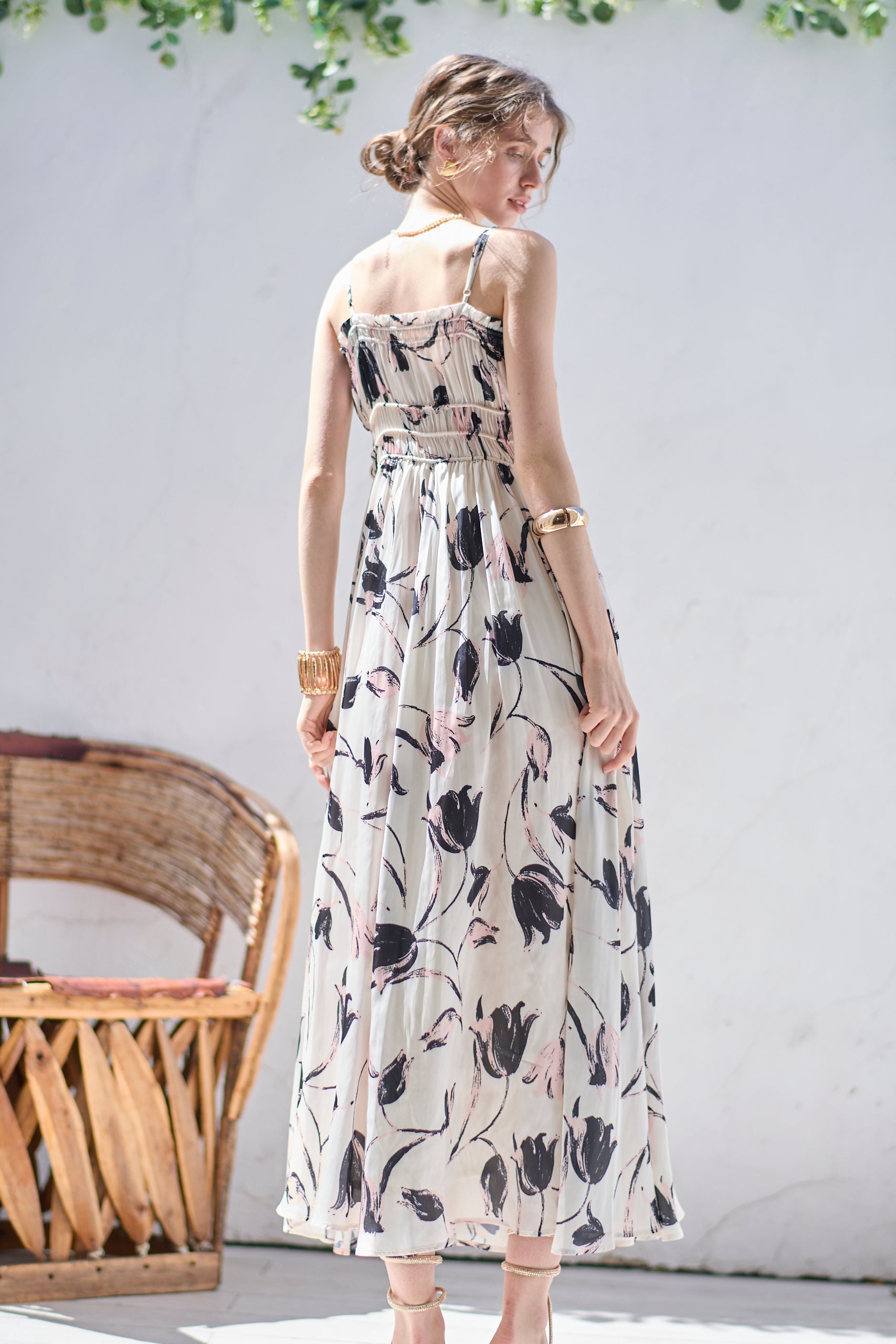 Julia Satin print Long Dress<br> -Pink.print-