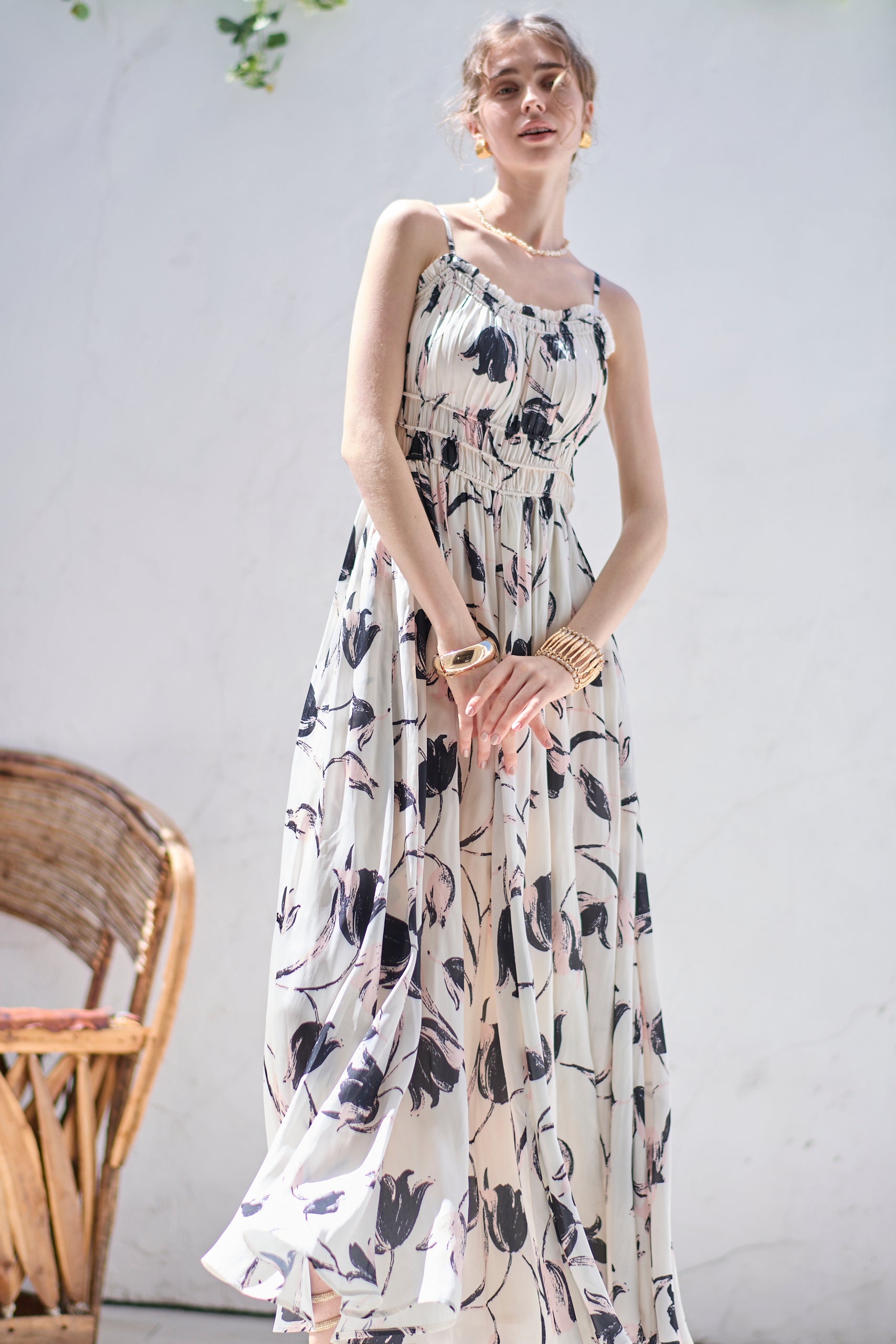 Julia Satin print Long Dress<br> -Pink.print-
