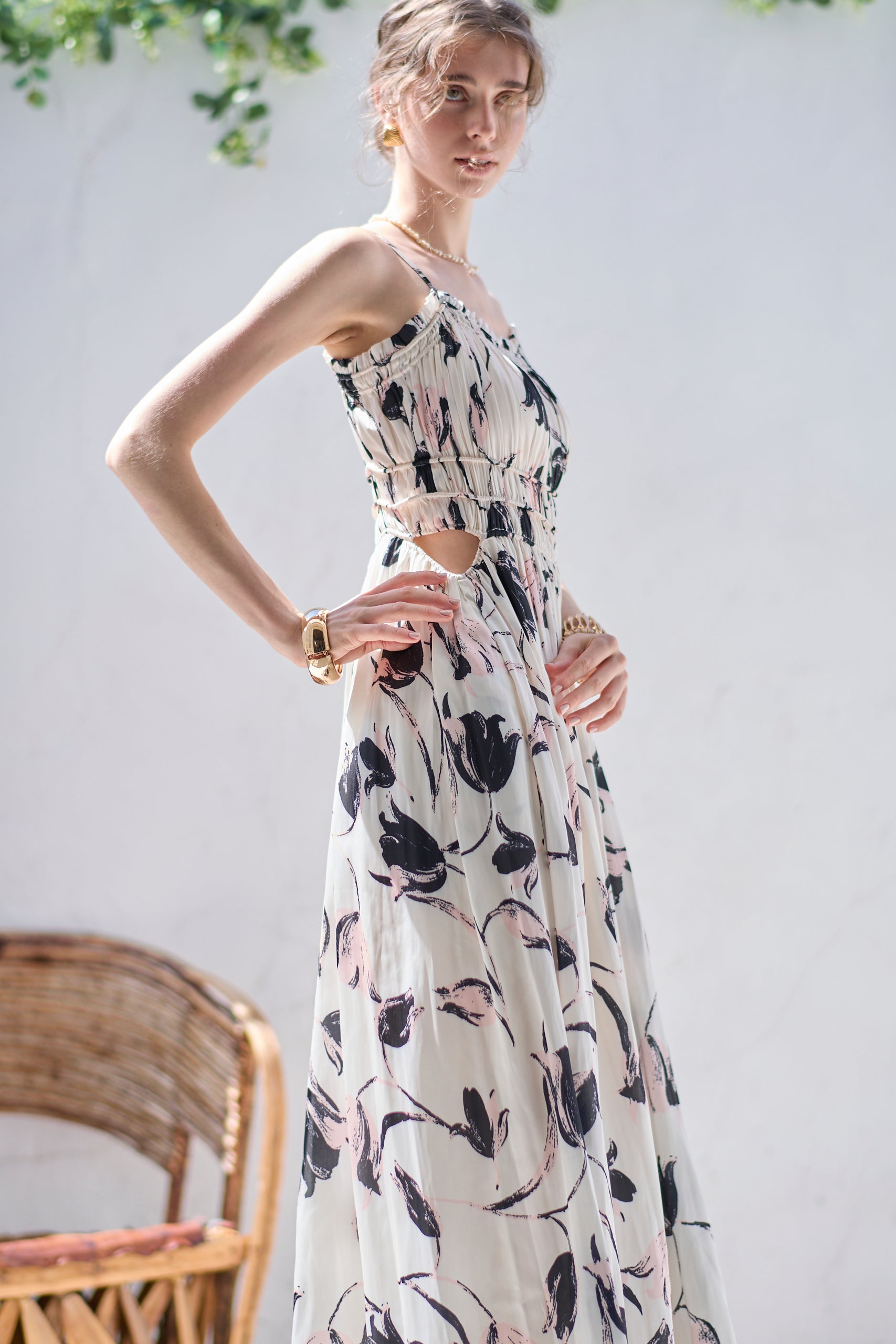 Julia Satin print Long Dress<br> -Pink.print-