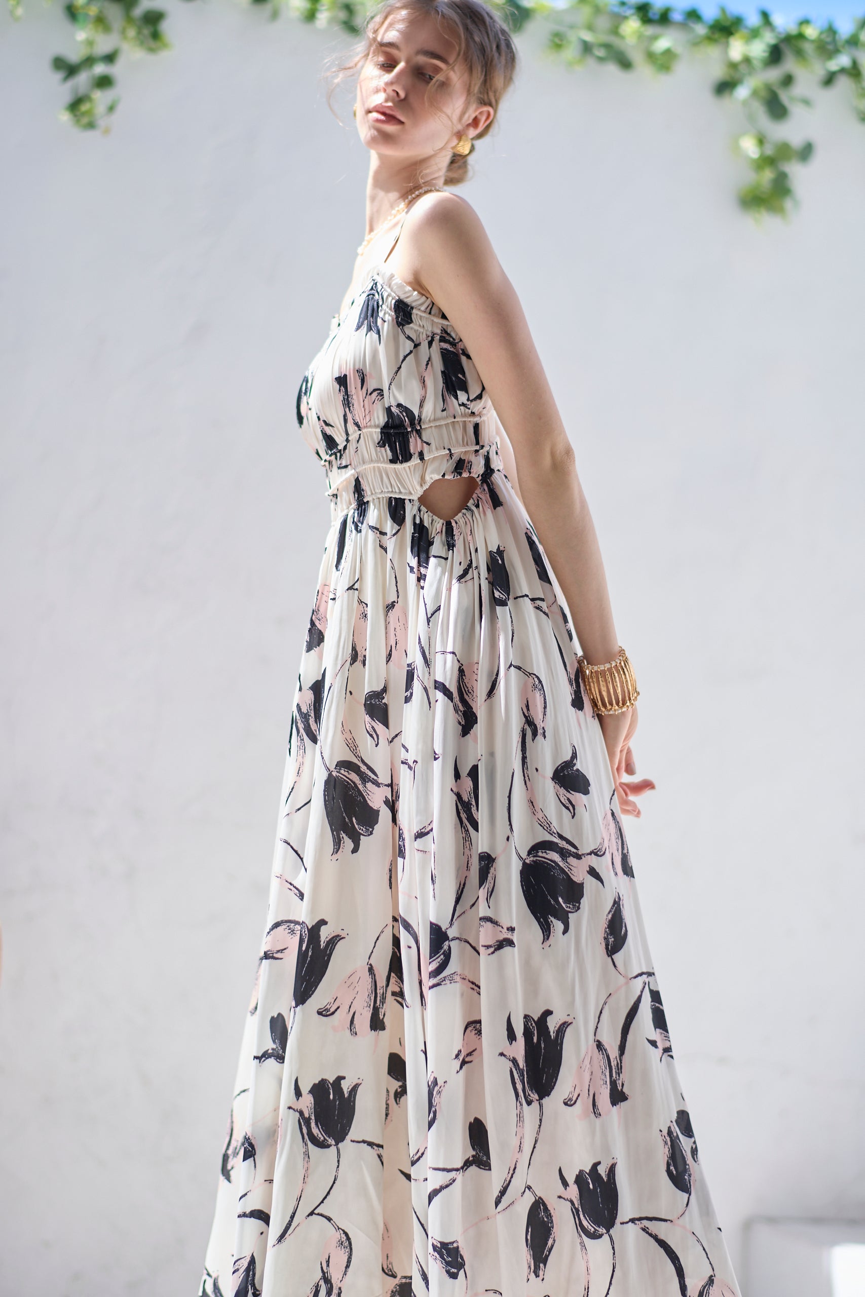 Julia Satin print Long Dress<br> -Pink.print-